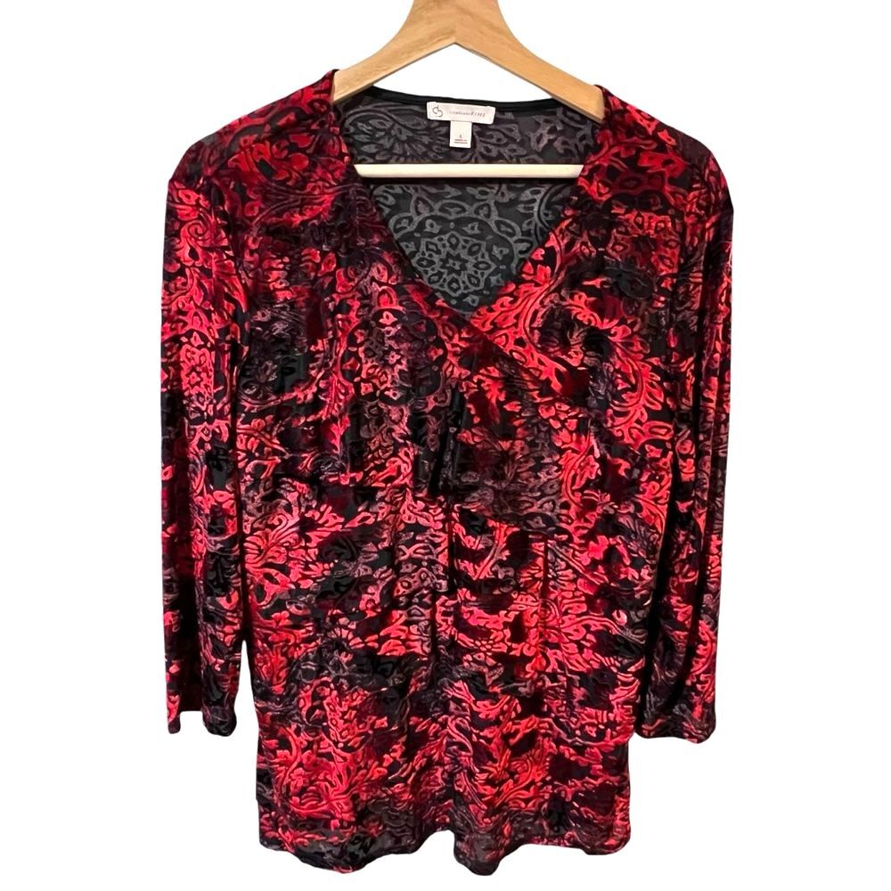 DB Womens Velvet Burnout Fairy Grunge Whimsigoth Tunic Top Size L Red Black Vamp
